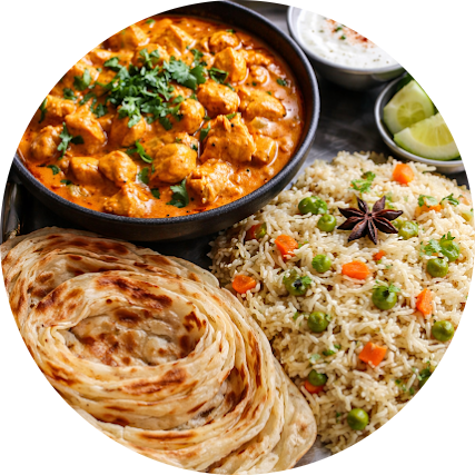BUTTER CHICKEN (16oz),1 LACHA PARATHA & PULAO (16oz)
