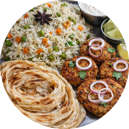 SHAMI KEBAB (2Pcs), 1 LACHA PARATHA & PULAO